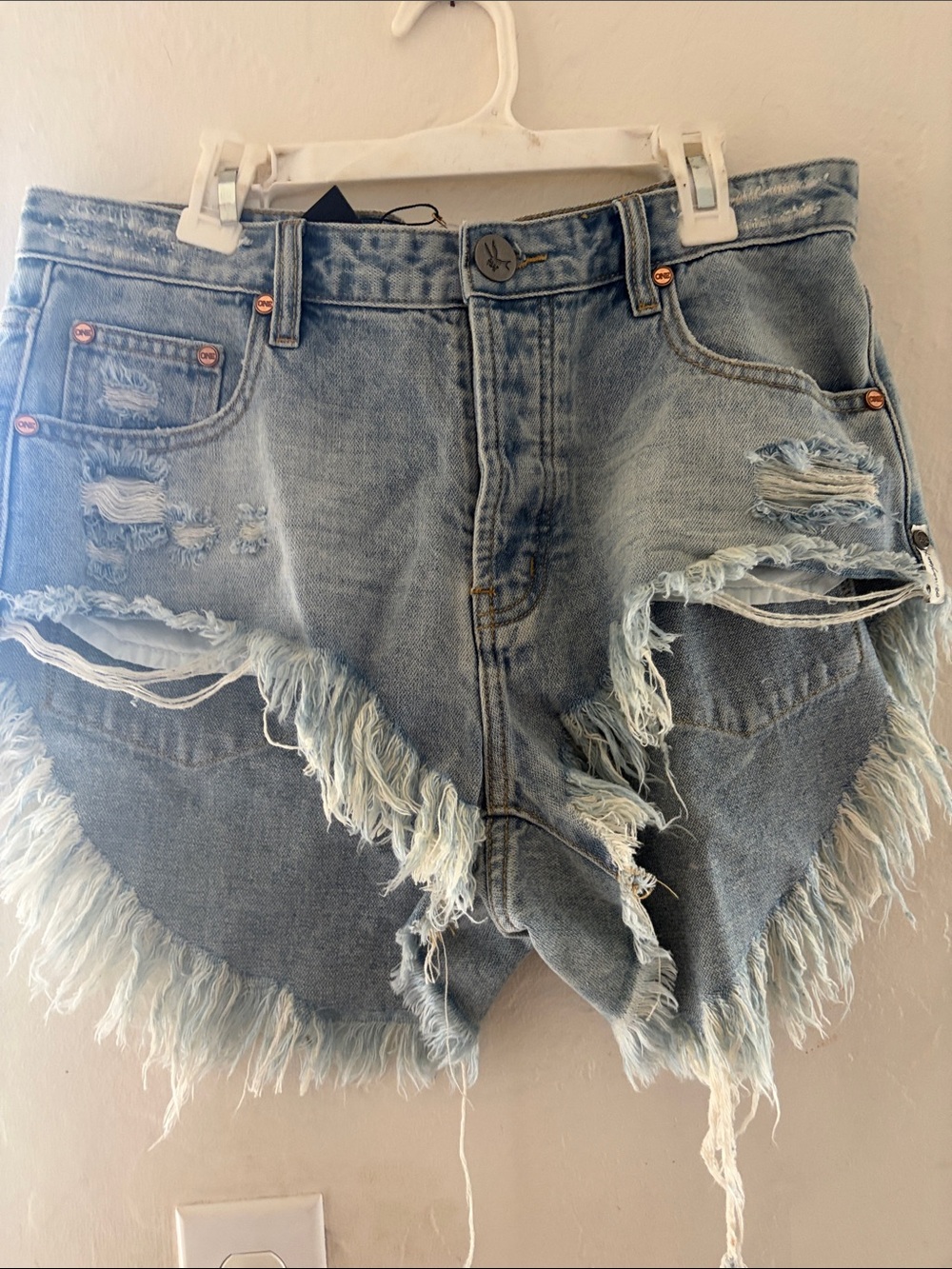 One Teaspoon Frayed Light Blue Distressed Denim Shorts